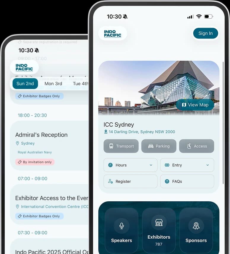Indo-Pacific 2025 conference app showing schedule and venue home screen