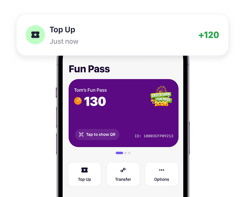 Self-service visitor app showing Fun Pass top-up