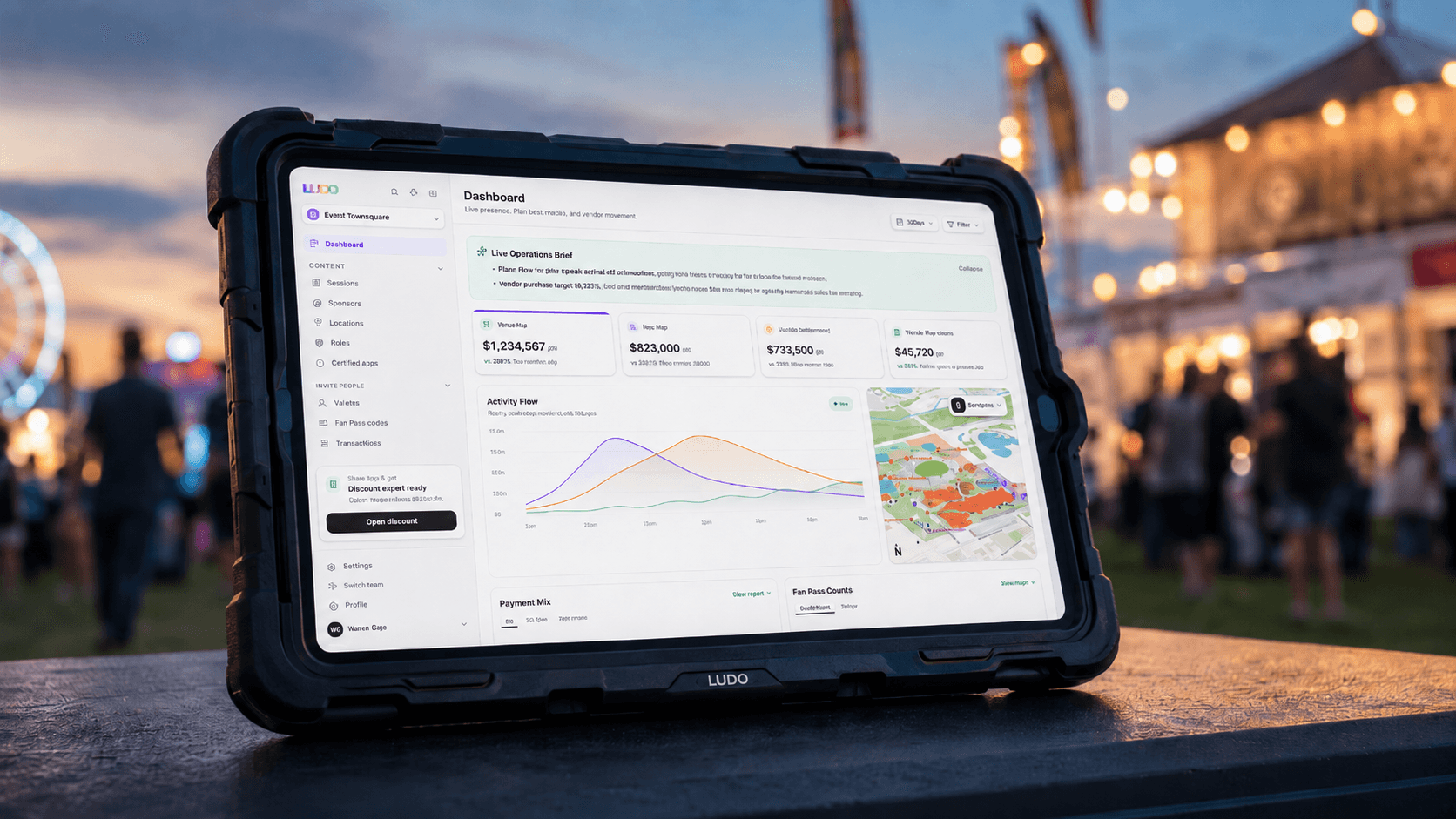 Ludo Computer dashboard on a rugged tablet at an event site