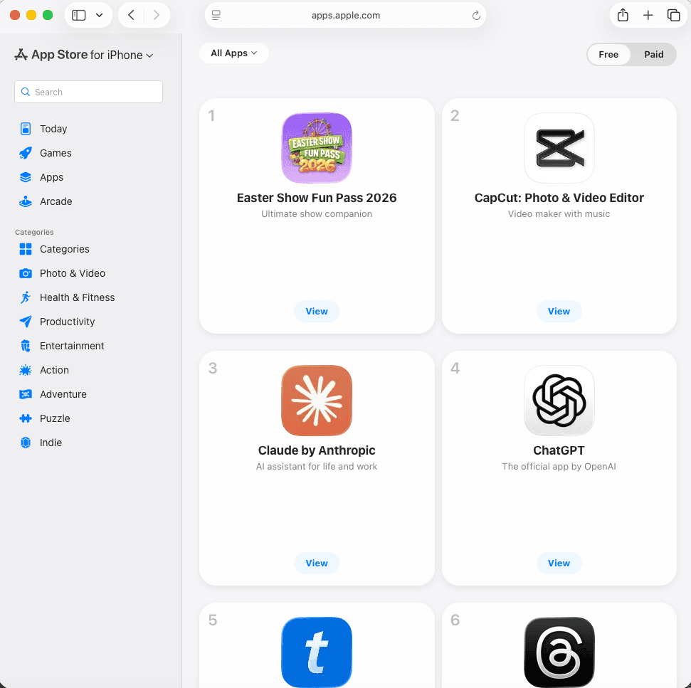 Easter Show Fun Pass 2026 shown at number one in the Australian App Store for iPhone