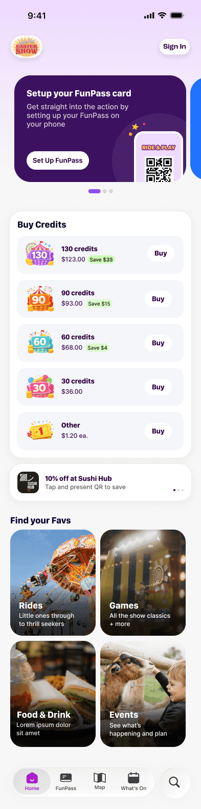 Visitor app home screen with wallet, offers, favourites, map, and bottom navigation