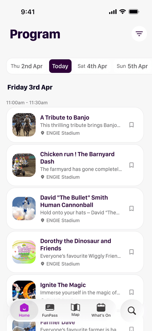 Ludo visitor app programme screen with date filters