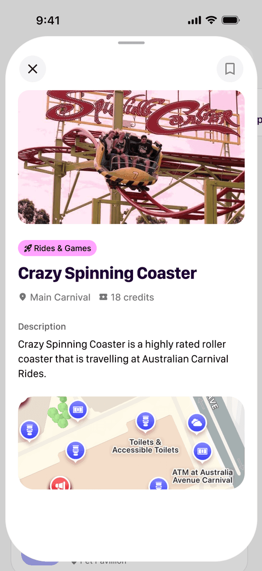 Ludo visitor app ride detail screen with location and ride context