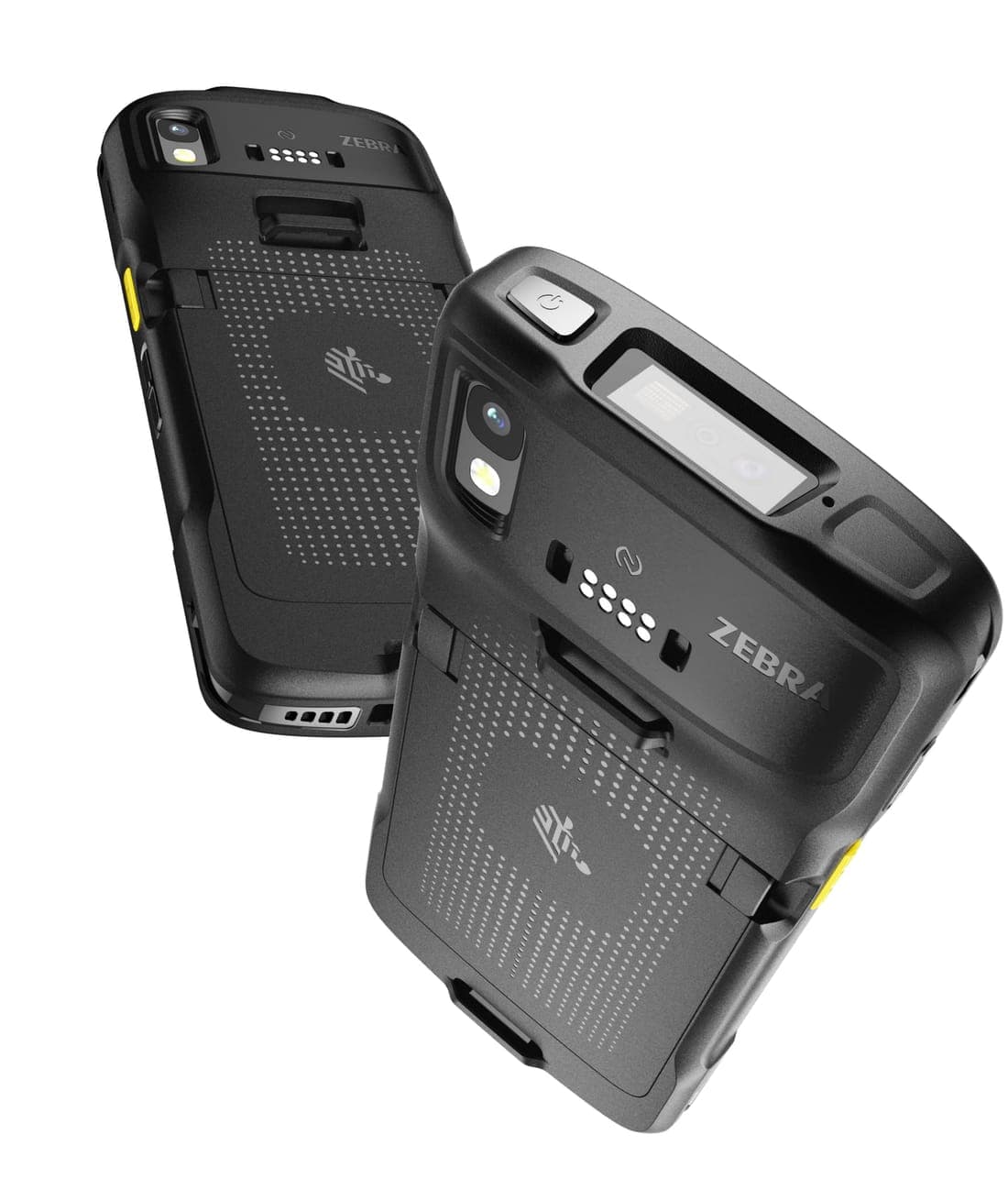 Two Zebra TC27 rugged handhelds showing the rear scanner, NFC area, and battery housing
