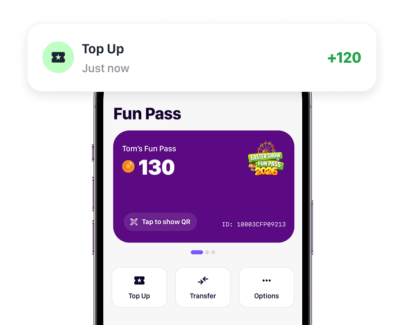 Self-service visitor app showing Fun Pass top-up